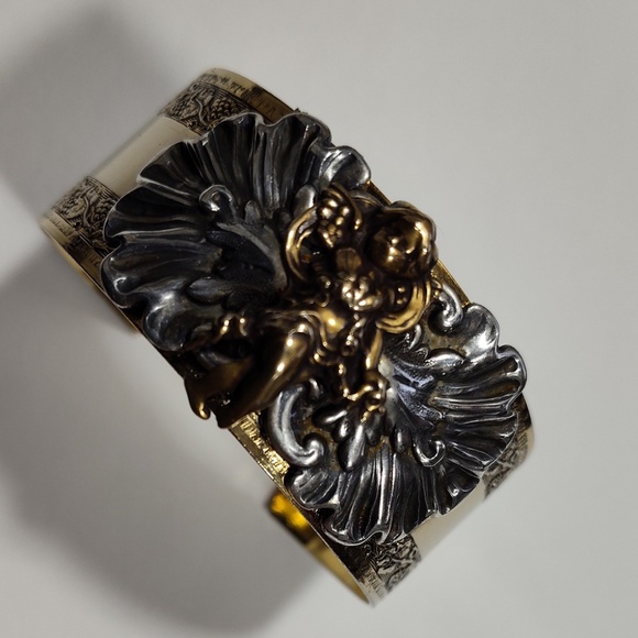 Vintage Sonja Lea Gold, Silver and Brass Tone Cherub Wide Cuff Ornate Bracelet - Picture 11 of 16